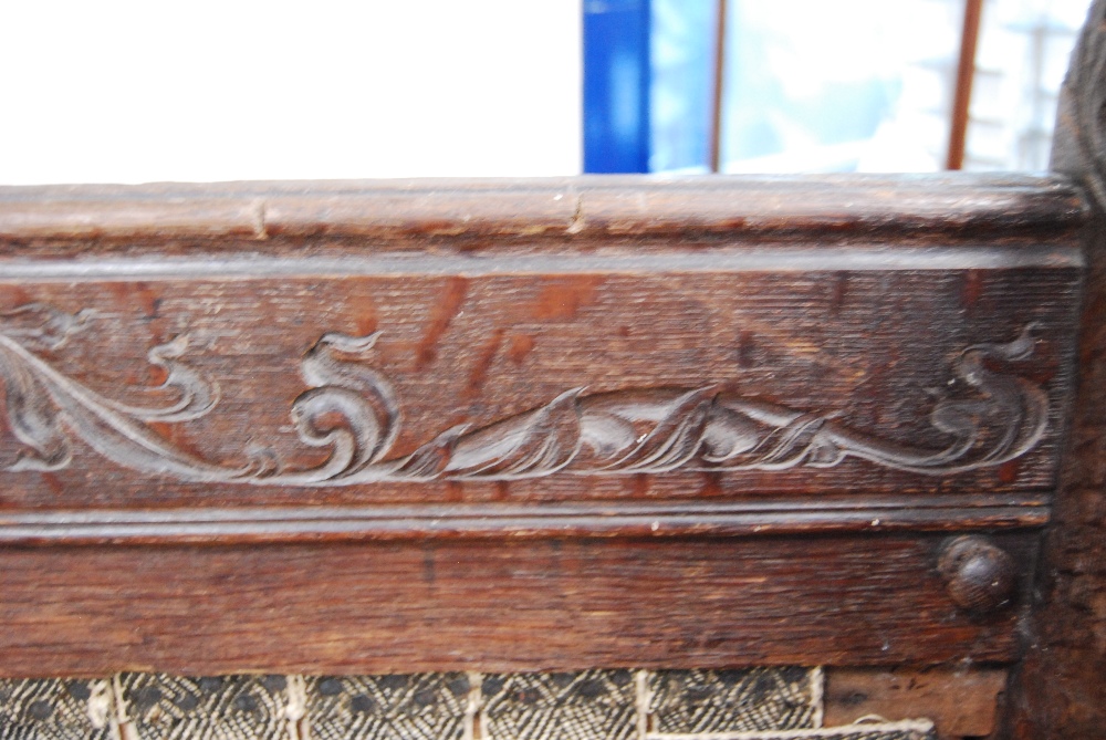 19th century continental carved oak hall bench decorated with carved floral, fruit, vine and - Image 9 of 15