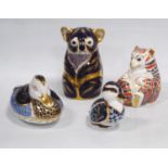 Four Royal Crown Derby animal paperweights modelled as a duck, bird, cat and koala bear, button to