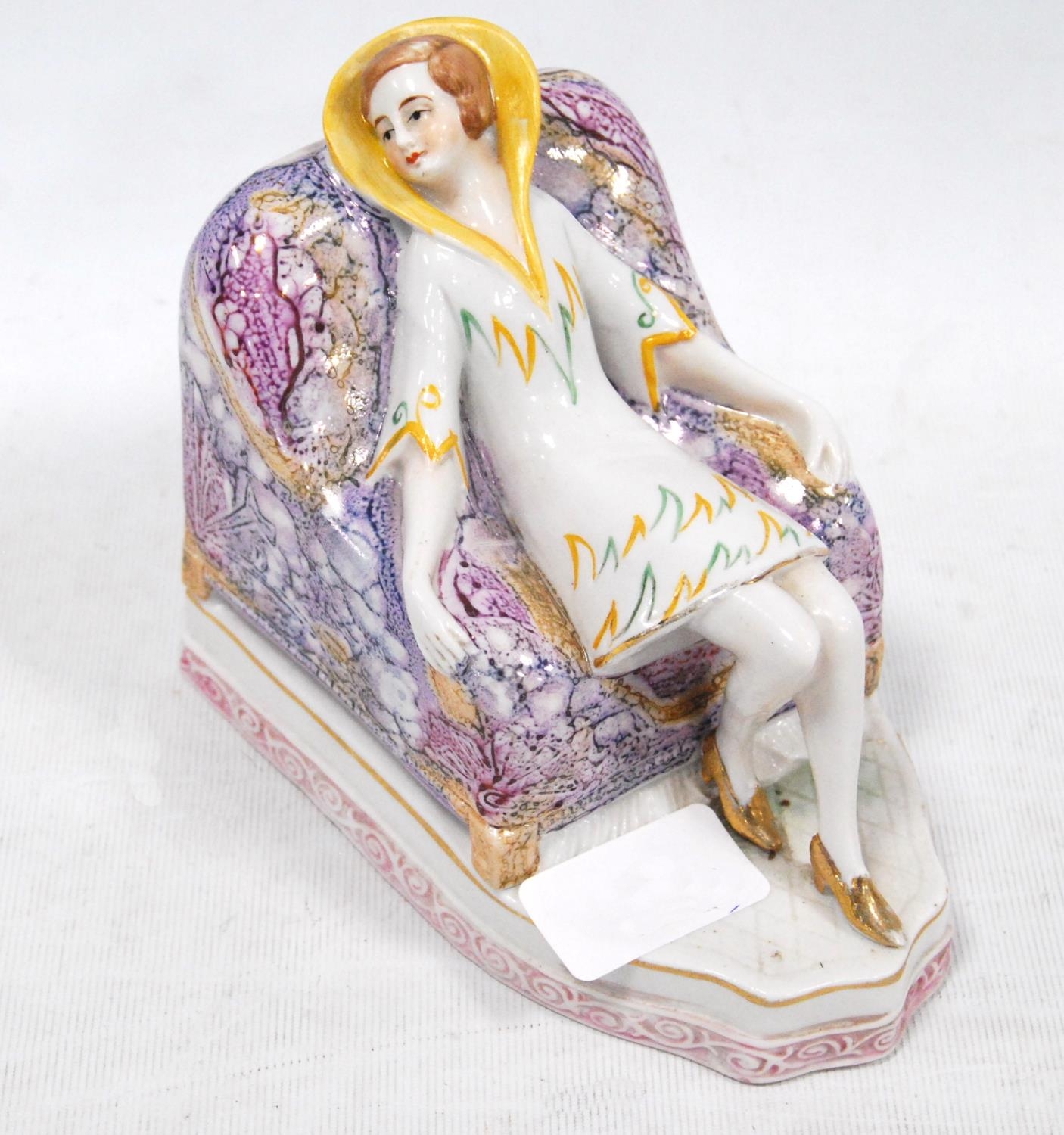 Pair of Art Deco German porcelain bookends modelled as a male and female sitting on armchairs, - Image 6 of 9