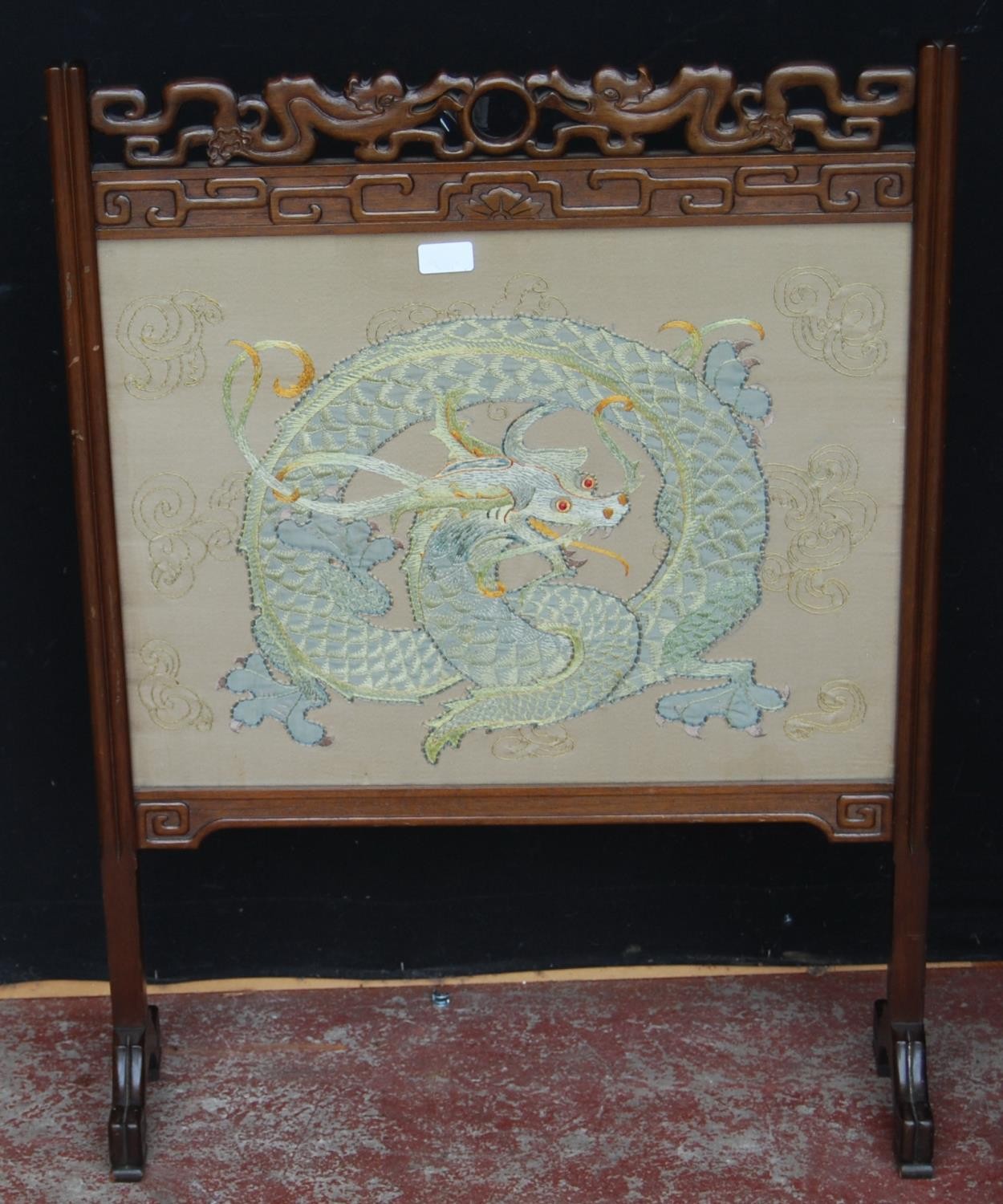 Chinese hardwood firescreen, decorated with an embroidered panel of a dragon, beneath glass, 86cm - Image 2 of 8