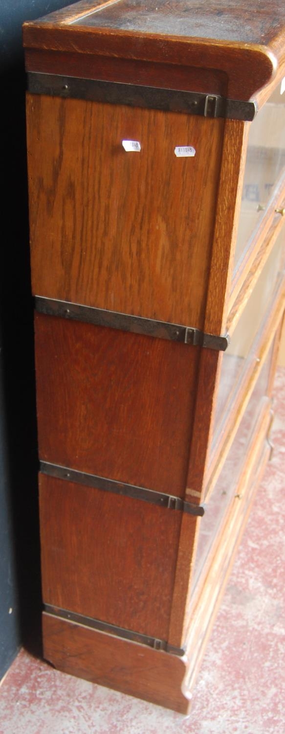 Globe Wernicke oak stacking bookcase, with three glazed sections, on base, with label to each - Image 7 of 7