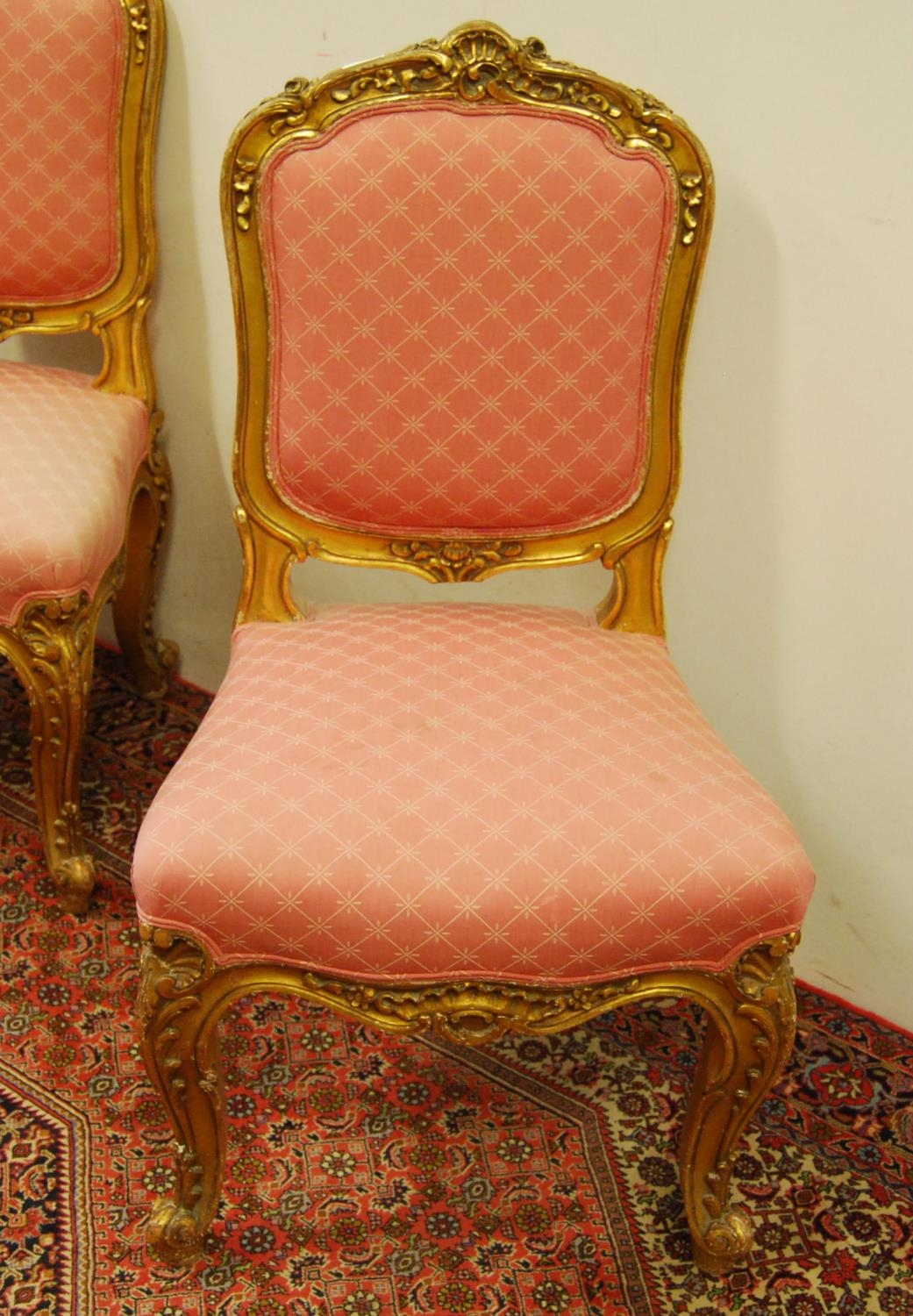 Pair of Louis XV style giltwood parlour chairs decorated with moulded roses, floral panels and - Image 2 of 4