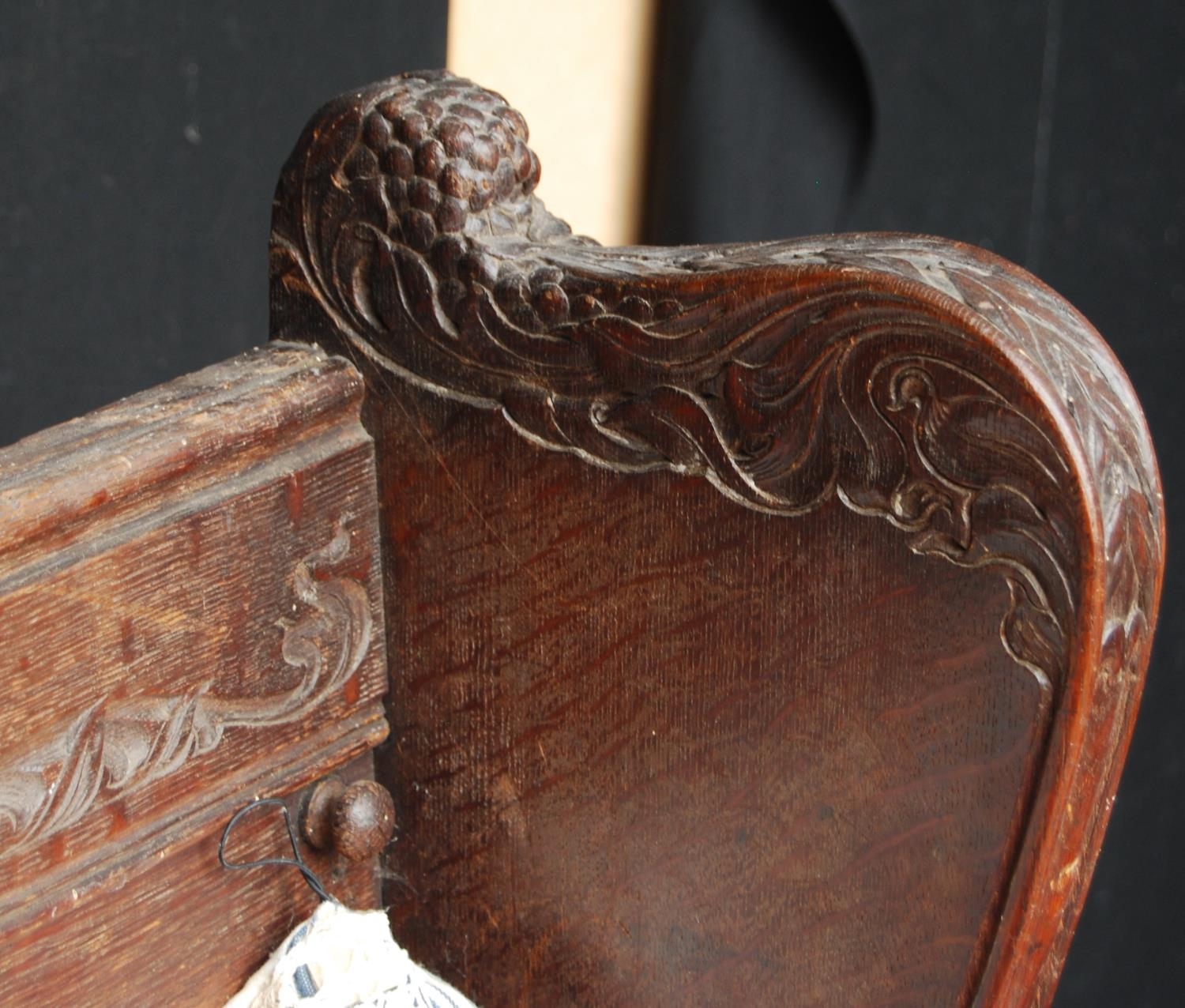 19th century continental carved oak hall bench decorated with carved floral, fruit, vine and - Image 2 of 15