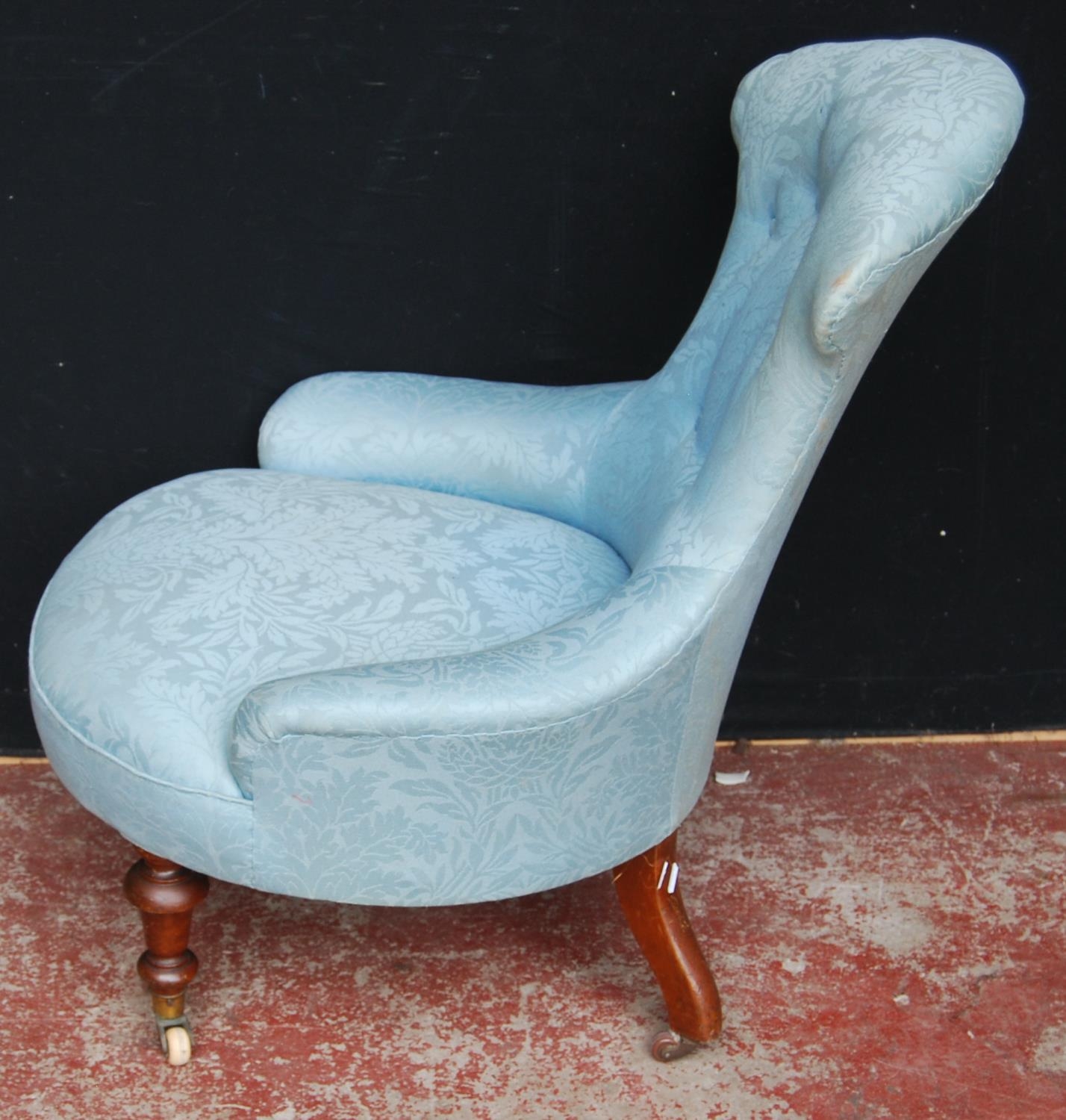 19th century mahogany lady's armchair, the shaped back rest upholstered in later blue button-back - Image 4 of 4