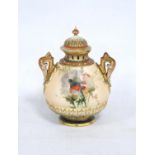 Royal Worcester blush ivory vase and cover, c. 1905, decorated with panels of thistles and