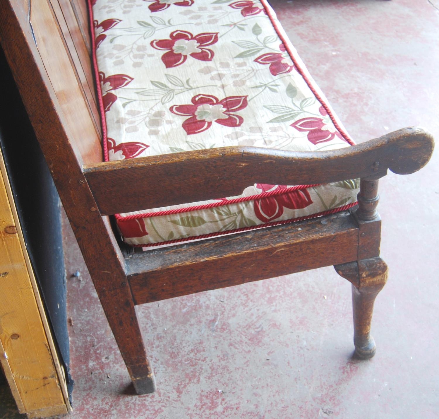 Early 19th century oak hall bench, with a four-section panelled back above a later slatted seat, - Image 6 of 6