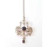 Edwardian garnet and pearl openwork pendant, in gold, '9ct', 7.2g.