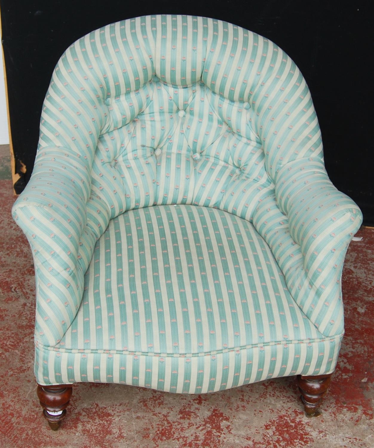 19th century walnut lady's armchair, upholstered in later striped button-back fabric, on brass - Image 2 of 4