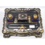 Victorian black papier mâché gilt and mother of pearl desk stand with integral stamp box and pen