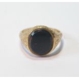 15ct gold signet ring with plain bloodstone, part engraved, 1864, size U, 9.2g gross.