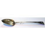 Silver strainer spoon, plain with pierced divider, initialled 'R', by W Eley, 1804, 118g or 3½oz.