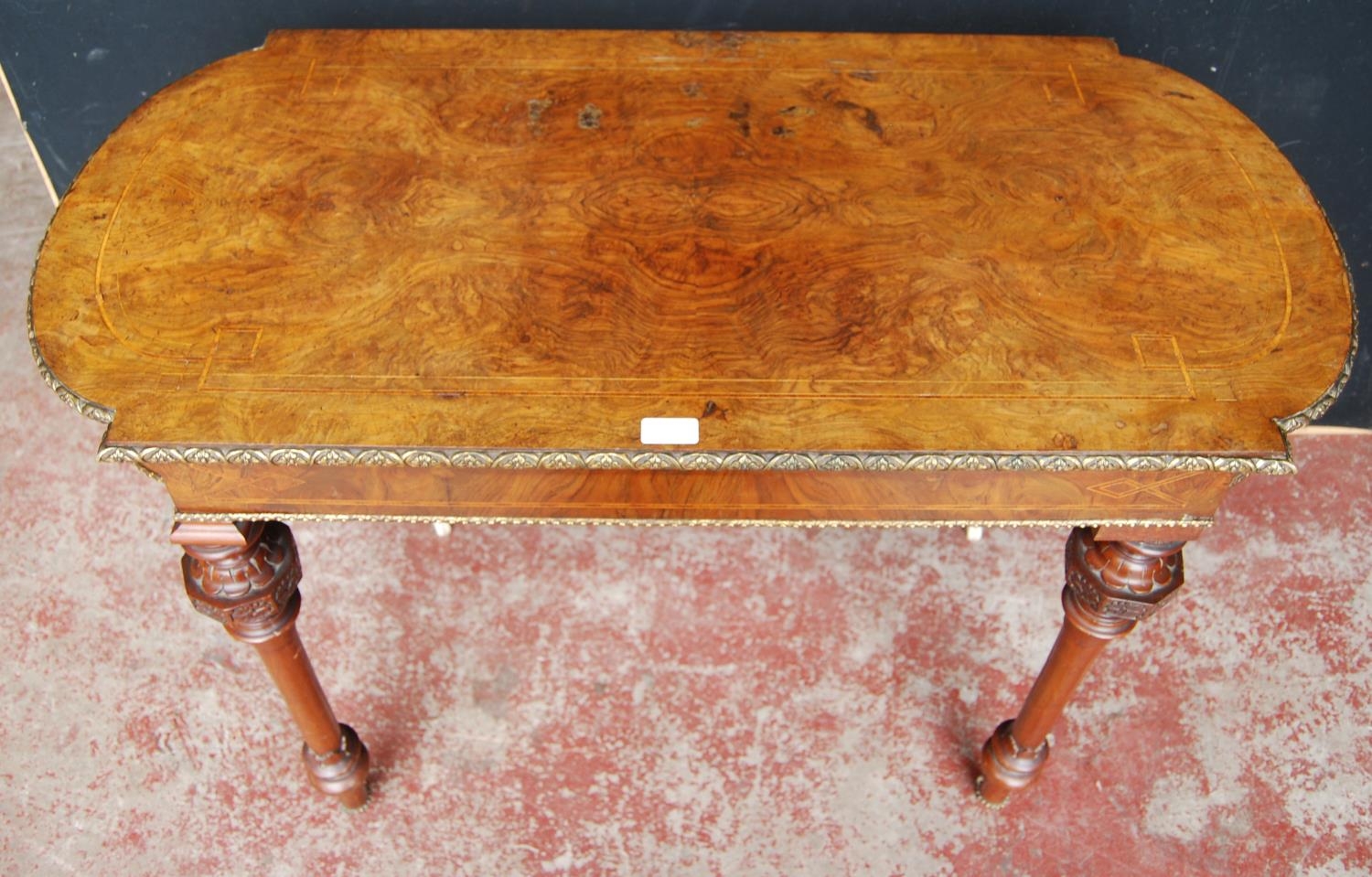 19th century French inlaid burr walnut hall table, the D-end top above an inlaid frieze decorated - Image 2 of 6