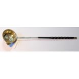 Silver toddy ladle with gadrooned edge, baleen handle and inset Jernegan Cistern medal,