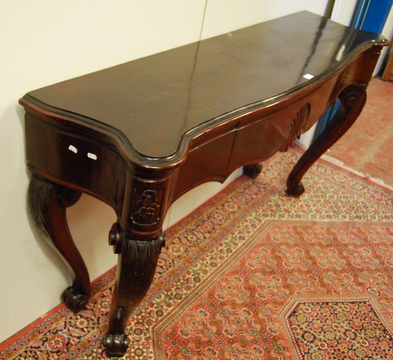 Victorian-style mahogany console table, the rectangular top with canted corners above a long - Image 4 of 6