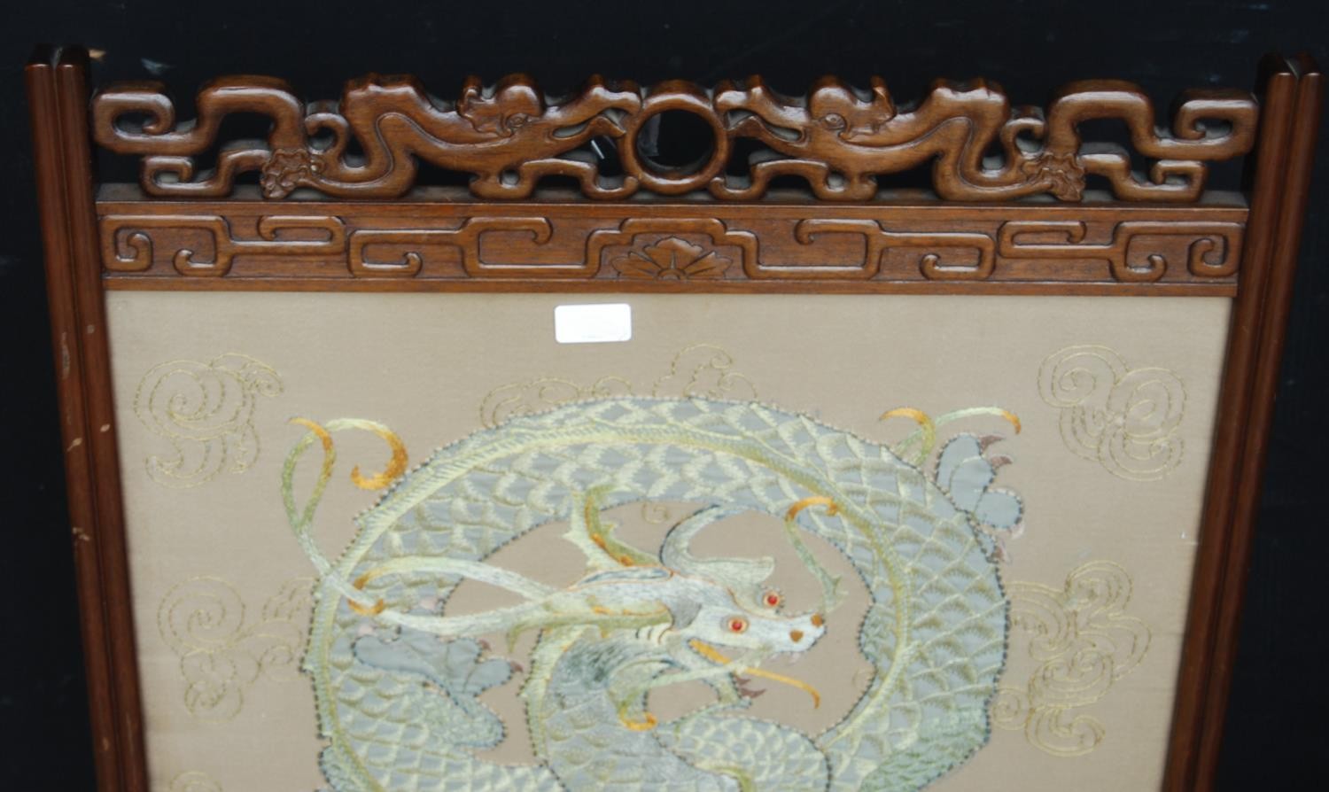 Chinese hardwood firescreen, decorated with an embroidered panel of a dragon, beneath glass, 86cm - Image 4 of 8