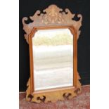 George II style inlaid walnut fretwork wall mirror, inlaid with a floral motif to the frieze, 72cm