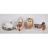 Four Royal Crown Derby animal paperweights modelled as a teddy bear, owl, duck and a swan, stopper