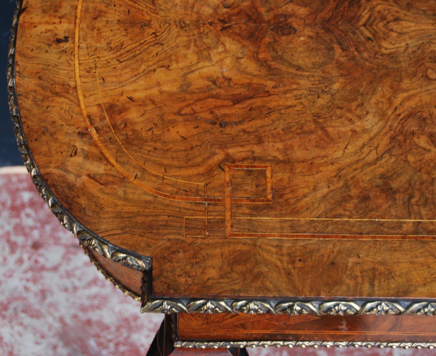 19th century French inlaid burr walnut hall table, the D-end top above an inlaid frieze decorated - Image 4 of 6