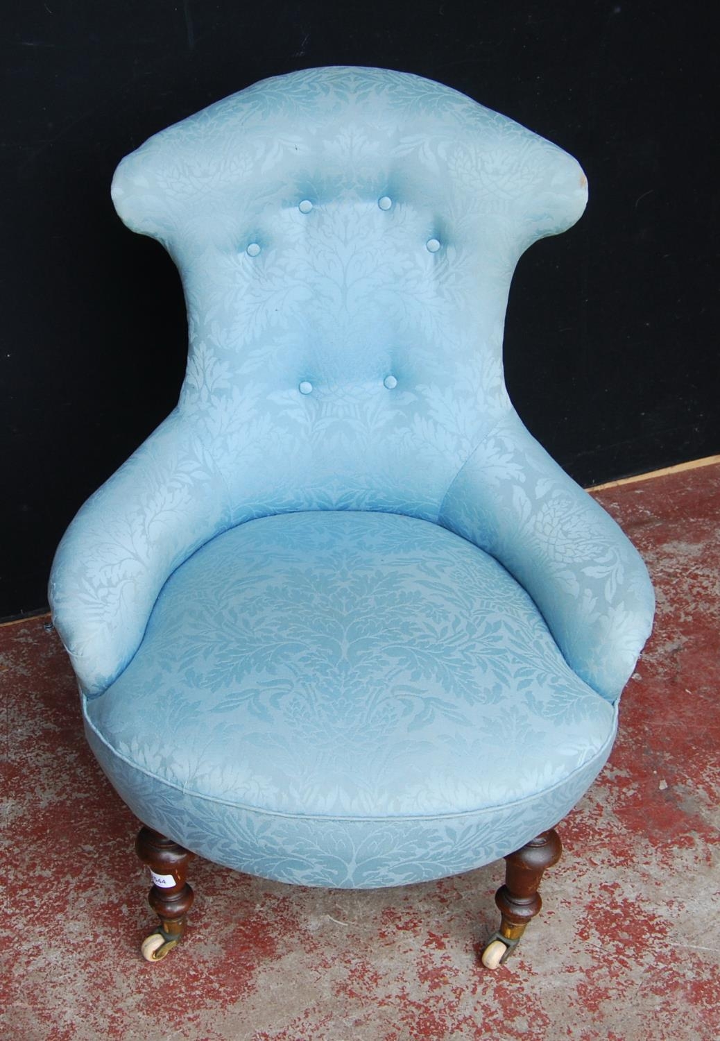 19th century mahogany lady's armchair, the shaped back rest upholstered in later blue button-back - Image 2 of 4