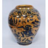 Persian Safavid crackle glazed oviform terracotta vase decorated with blue glazed hunting figures,