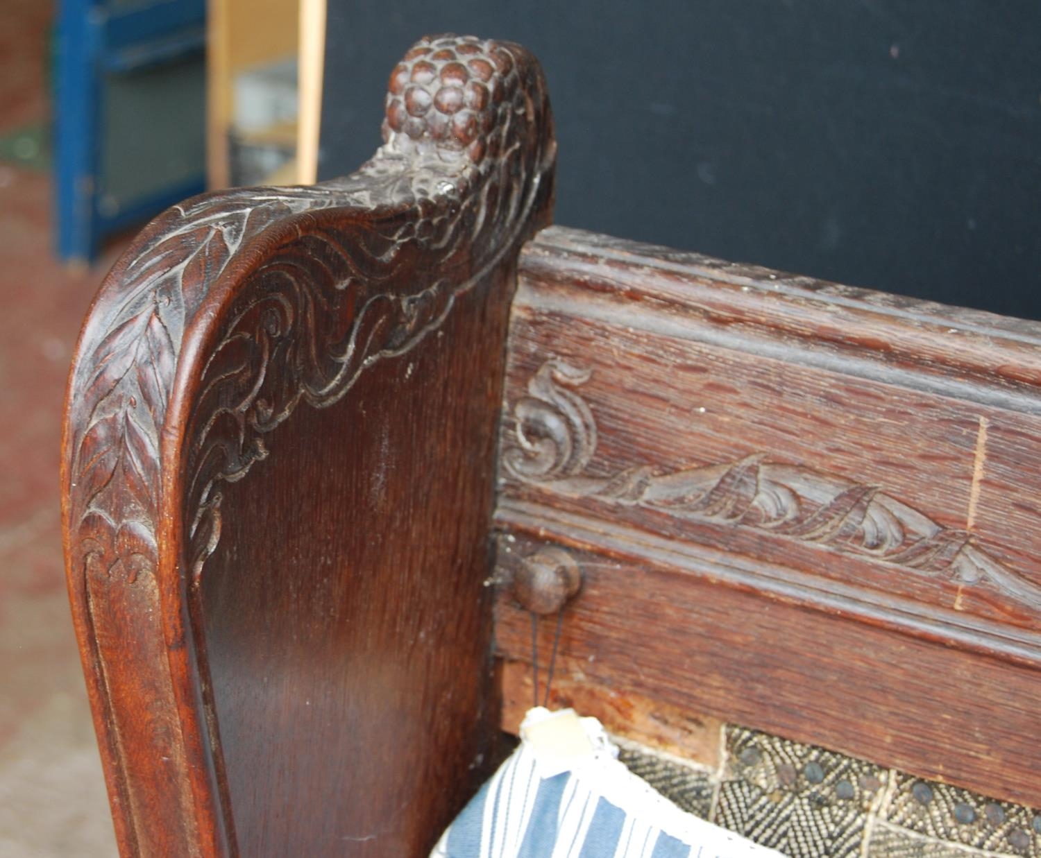 19th century continental carved oak hall bench decorated with carved floral, fruit, vine and - Image 4 of 15