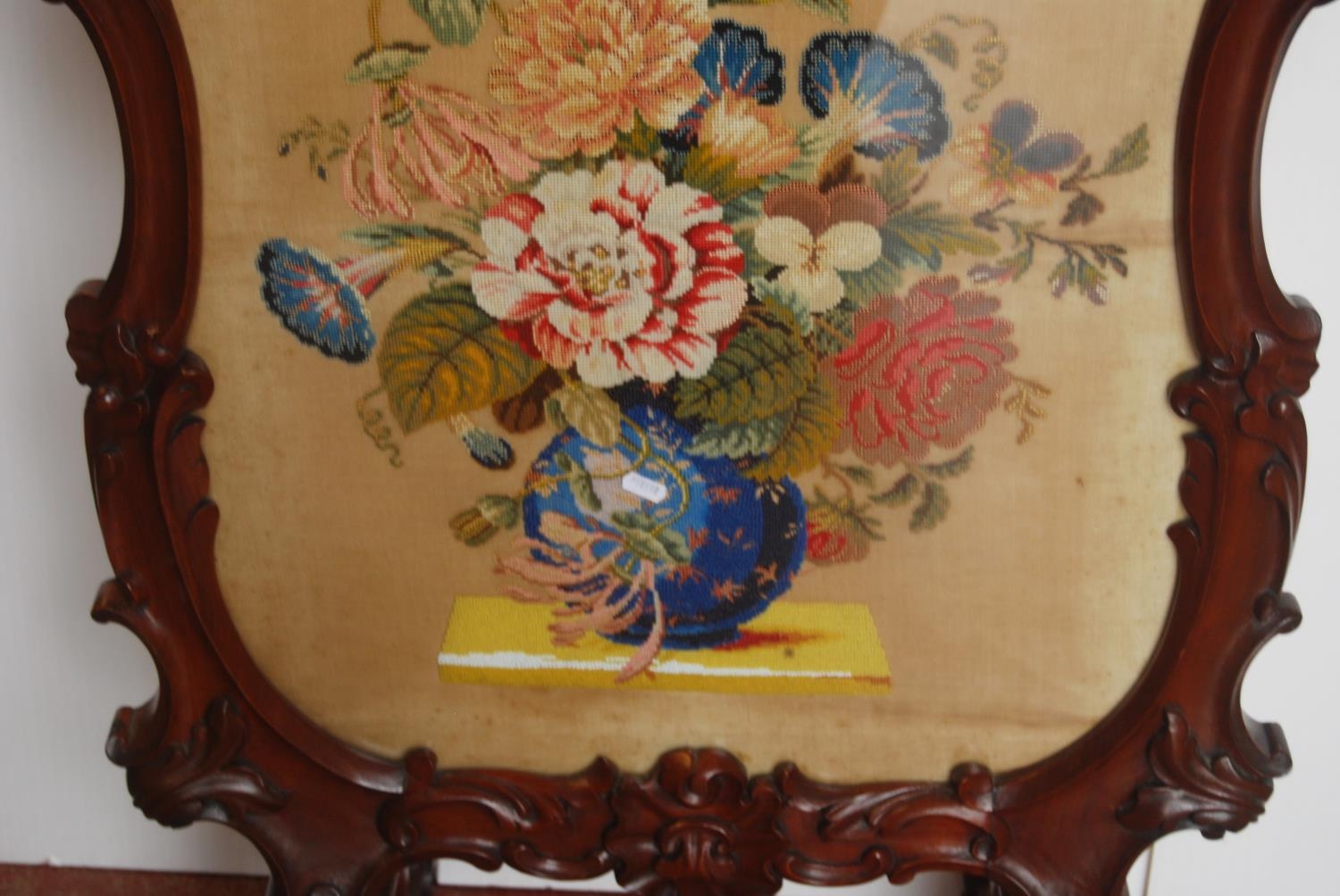 Victorian mahogany fire screen, with a needlepoint panel to the centre depicting flowers in a - Image 4 of 6