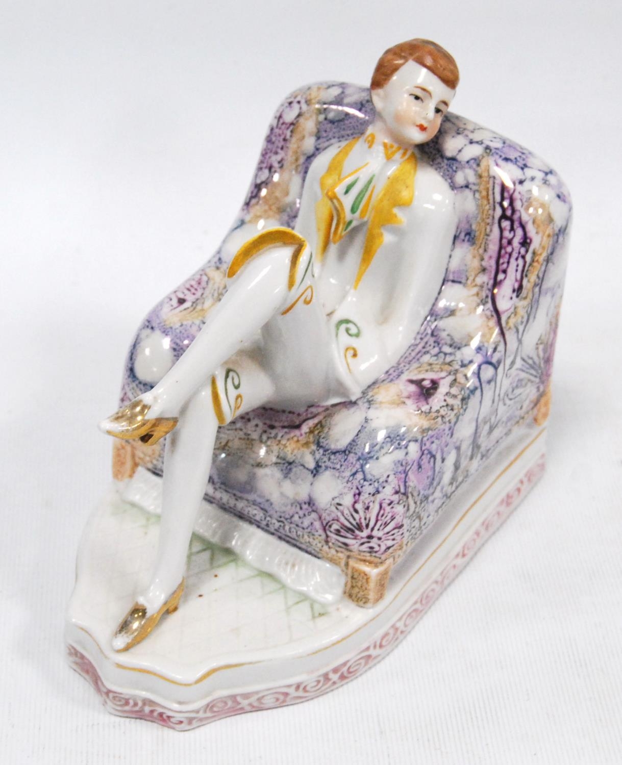 Pair of Art Deco German porcelain bookends modelled as a male and female sitting on armchairs, - Image 2 of 9
