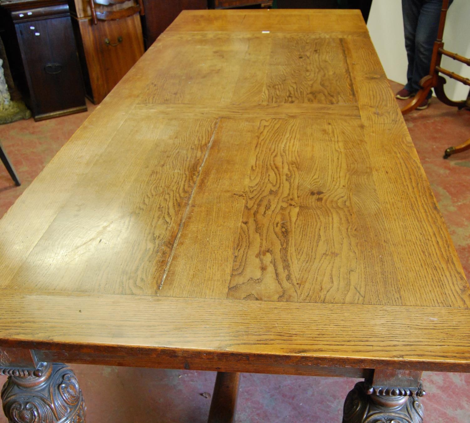 Victorian oak refectory table, the rectangular detachable plank top with a pull-out extension to - Image 3 of 4