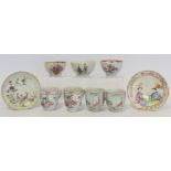 Nine pieces of 18th century Chinese porcelain teawares, comprising: four coffee cups; three tea