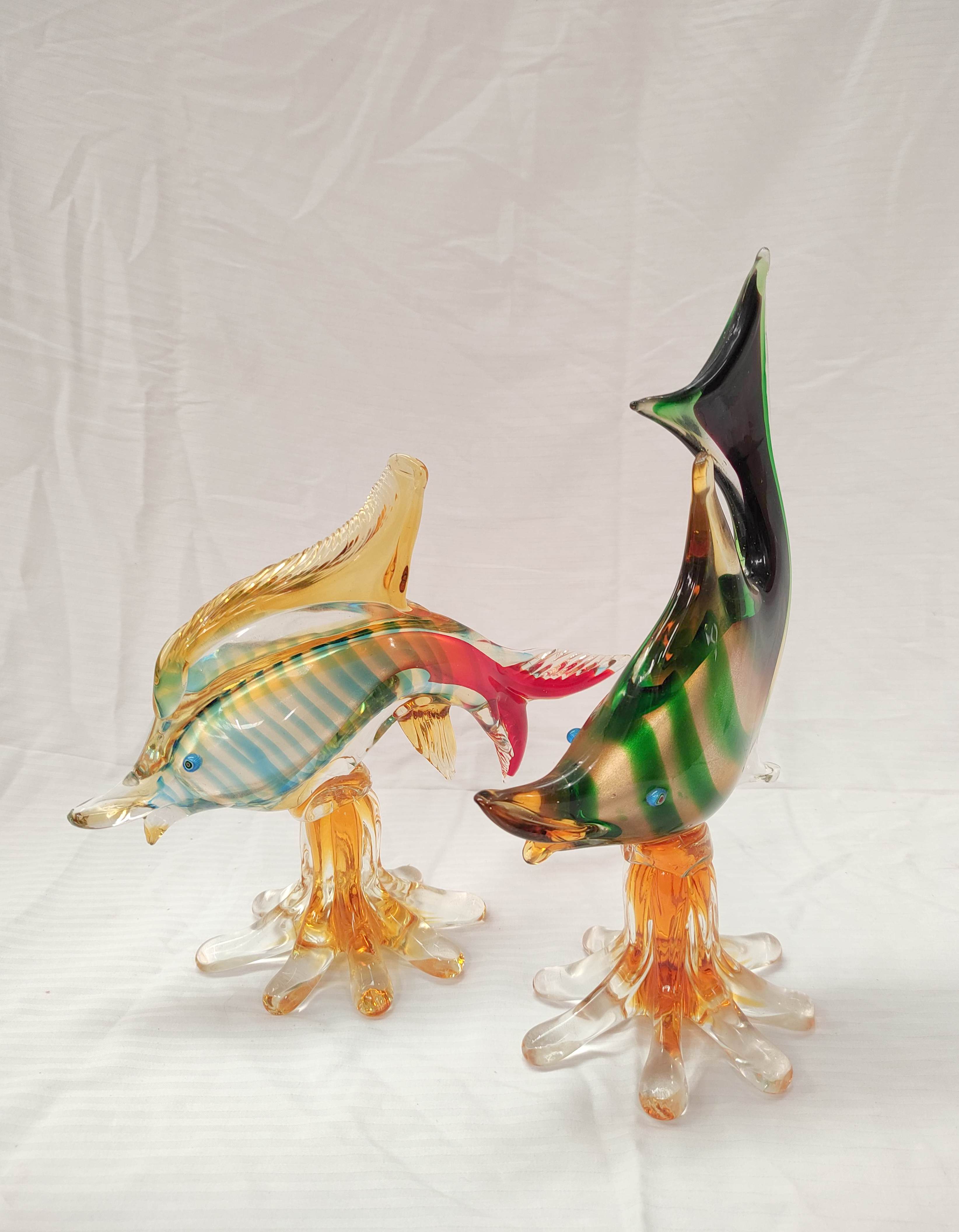 Three mid 20th century art glass figures of leaping fish, 38cm, 32cm and 23cm high.  (3). - Image 4 of 4