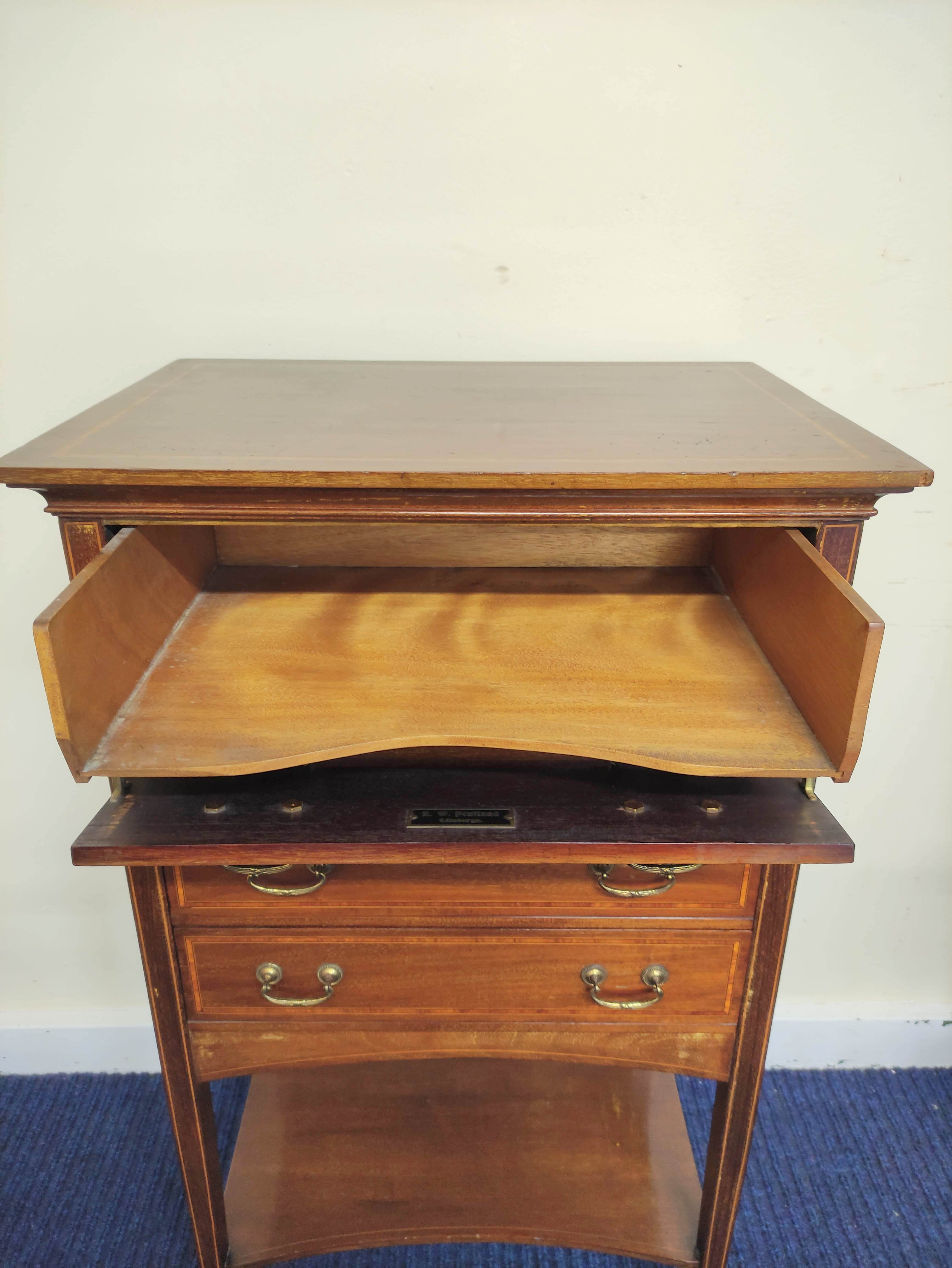 Edwardian inlaid mahogany music cabinet with four fall front drawers above undertier. Decorated - Image 4 of 6