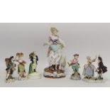 French Marseille porcelain figure of an 18th century shepherdess with lamb at foot decorated in