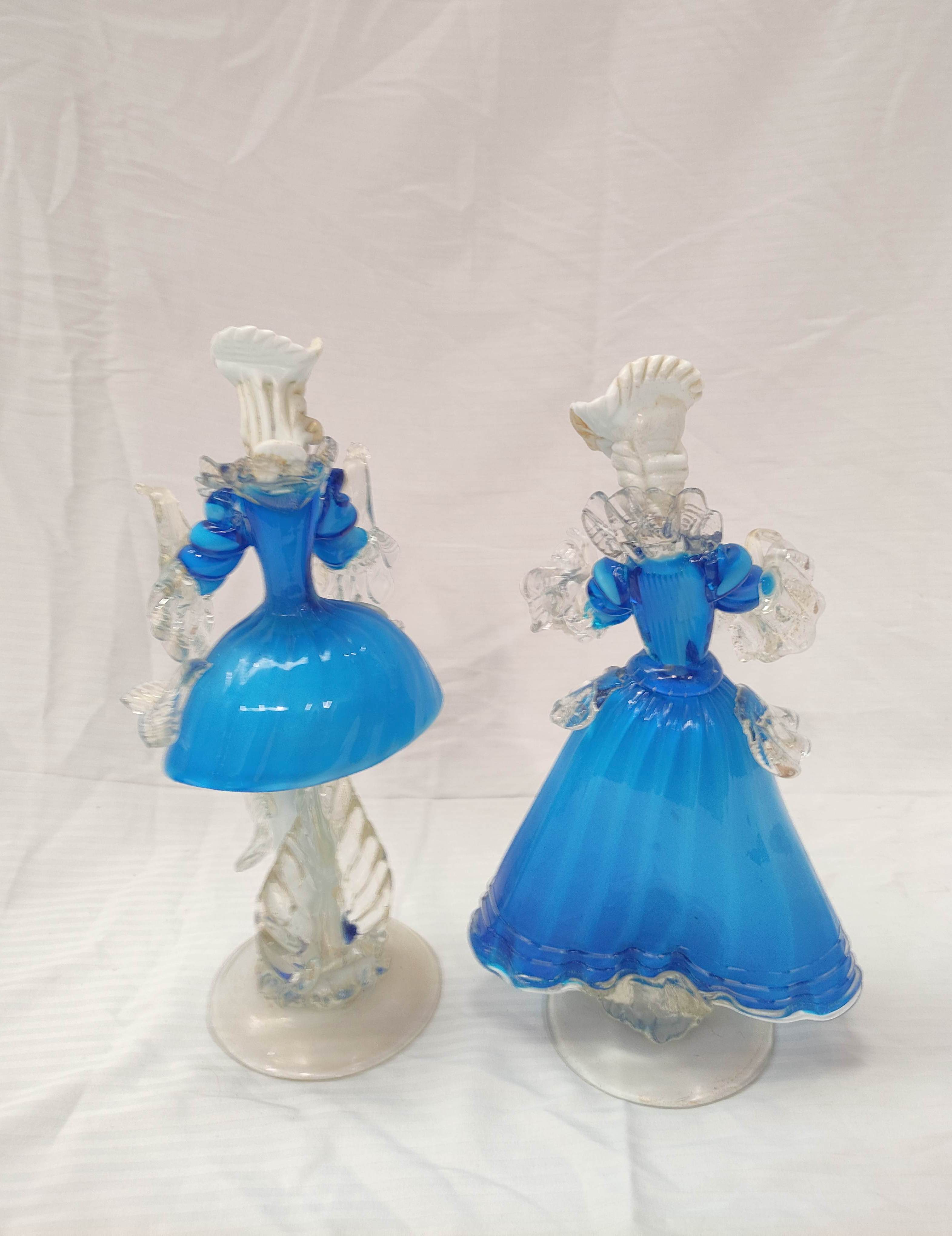 Pair of mid 20th century Venetian blue, white and clear glass figures of a lady and gentleman in - Image 3 of 3