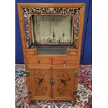 Antique Chinese Jiangxi pine alter cabinet, With an open section decorated with lacquered scroll