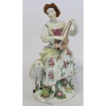 18th century Derby porcelain figure of a shepherdess playing a mandolin, seated on a floral