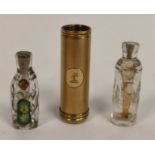 Silver gilt travelling shaving brush, engine turned, 1836 also two glass snuff bottles. (3).