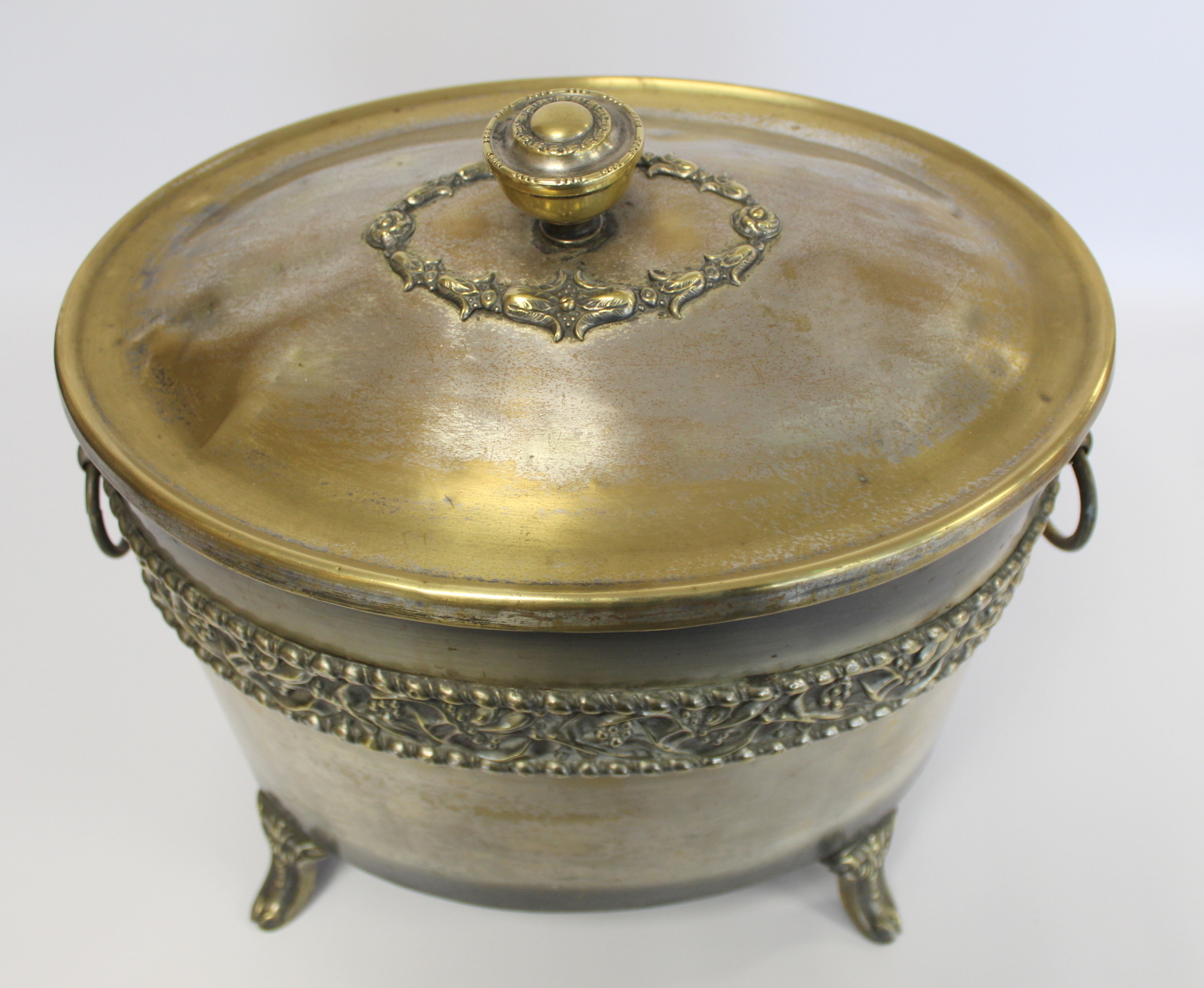 Arts & Crafts silvered brass coal box of oval form with twin ring handles, three foliate moulded - Image 5 of 7