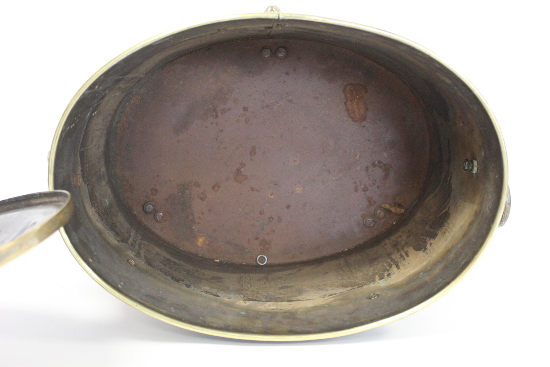 Arts & Crafts silvered brass coal box of oval form with twin ring handles, three foliate moulded - Image 7 of 7