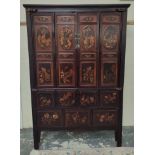 Chinese lacquered pine cupboard, with a pair of folding two-section doors, decorated with panels