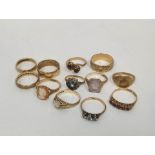 Twelve 9ct gold rings, some gem set, 35g gross.