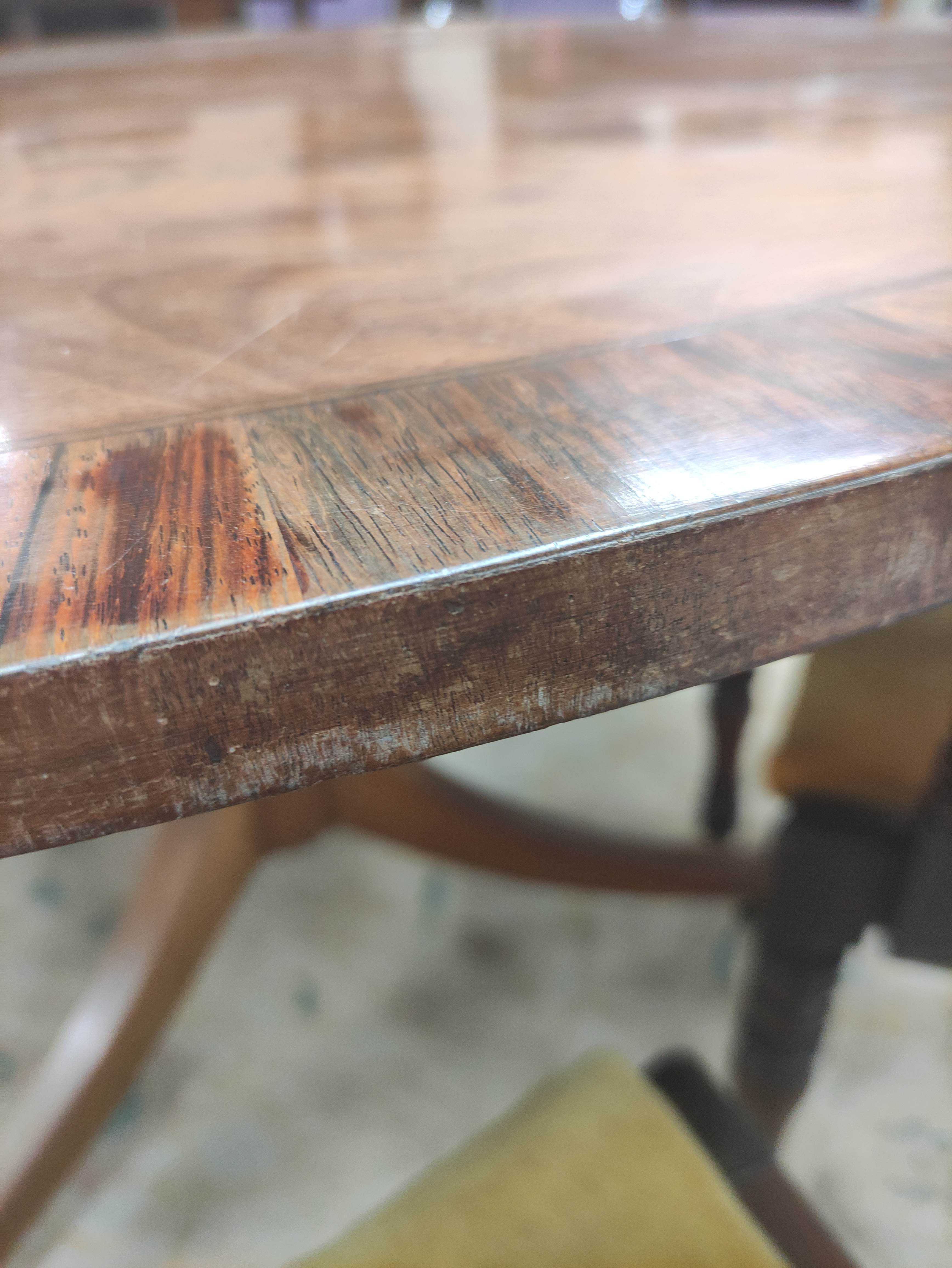 Mahogany breakfast table, the circular snap-action top on a turned column and tripod supports, - Image 10 of 13