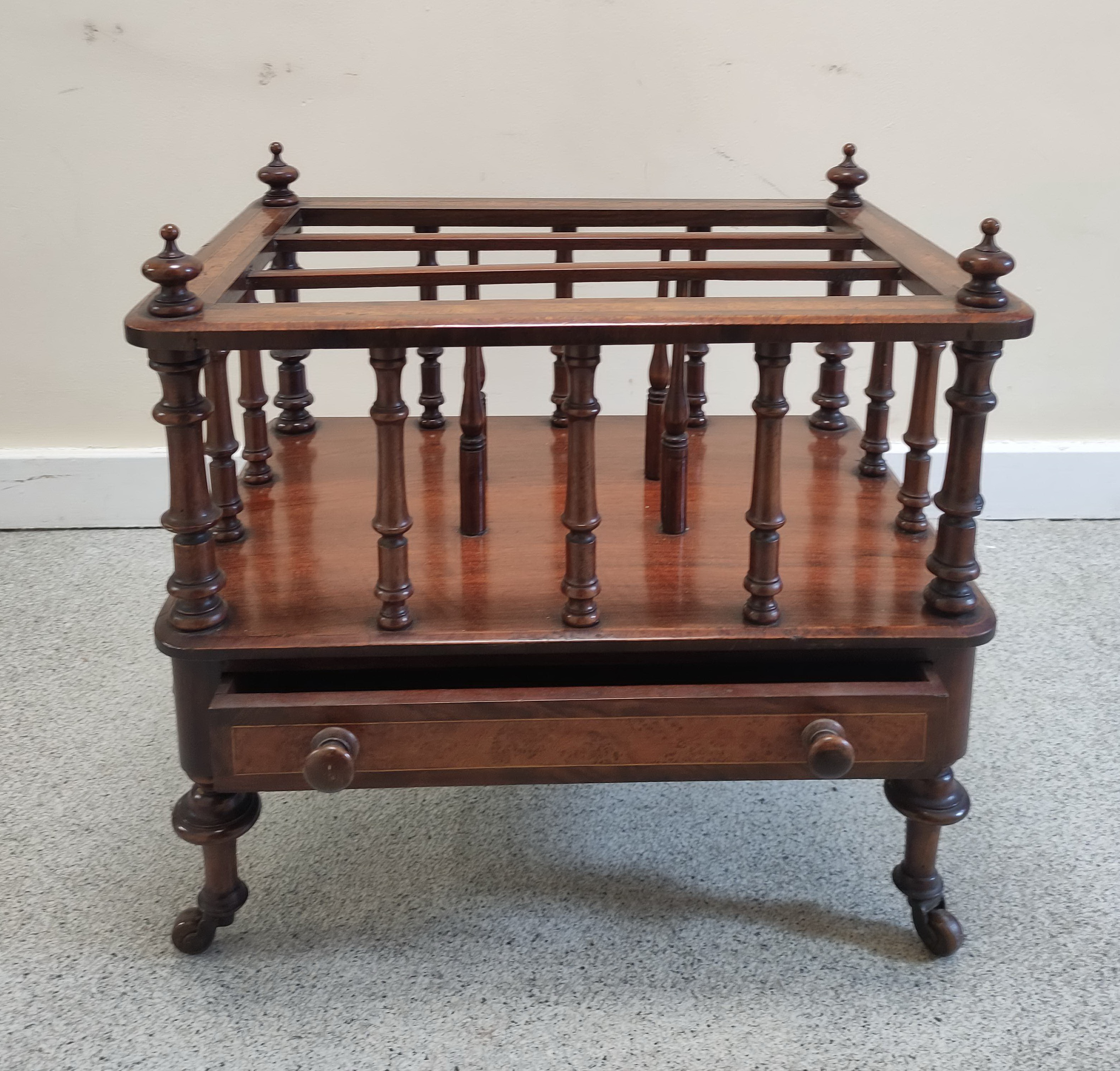 Victorian inlaid walnut Canterbury, the three division top on multiple turned columns, above - Image 2 of 5