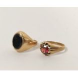 Garnet ring on 9ct gold and a similar signet ring, 6.7g. (2).