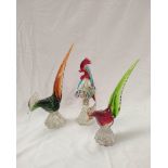 Continental mid 20th century polychrome art glass figure of a cockerel, 27cm high; also two other