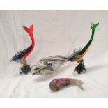 Two mid 20th century Continental art glass figures of fish on lobed scroll bases, 31cm and 30cm