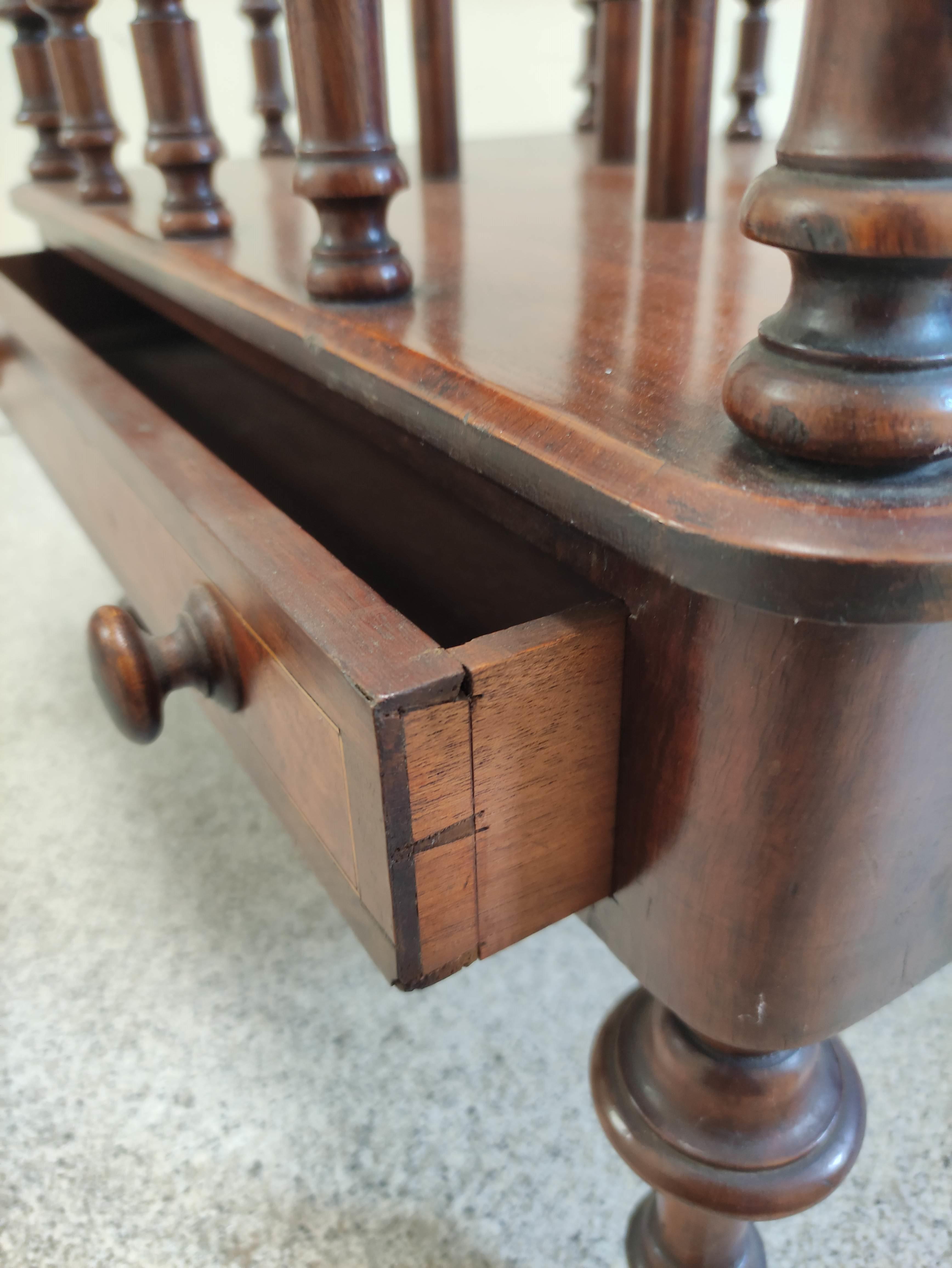 Victorian inlaid walnut Canterbury, the three division top on multiple turned columns, above - Image 4 of 5