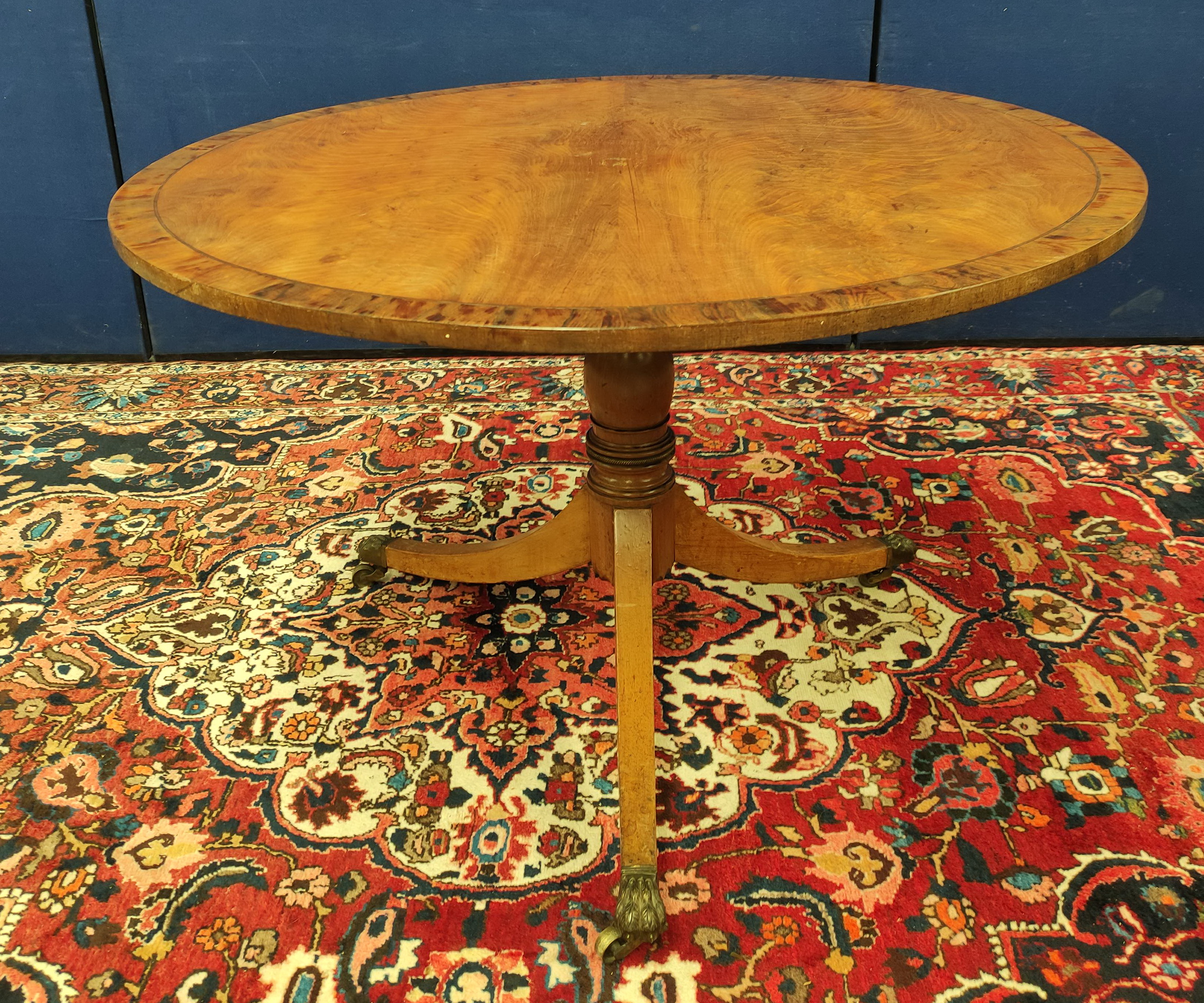 Mahogany breakfast table, the circular snap-action top on a turned column and tripod supports, - Image 2 of 13