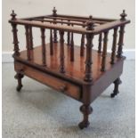 Victorian inlaid walnut Canterbury, the three division top on multiple turned columns, above