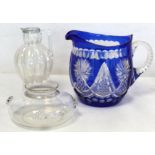 Bohemian blue flashed cut glass water jug of helmet form, 19.5cm high; a pearlescent clear glass