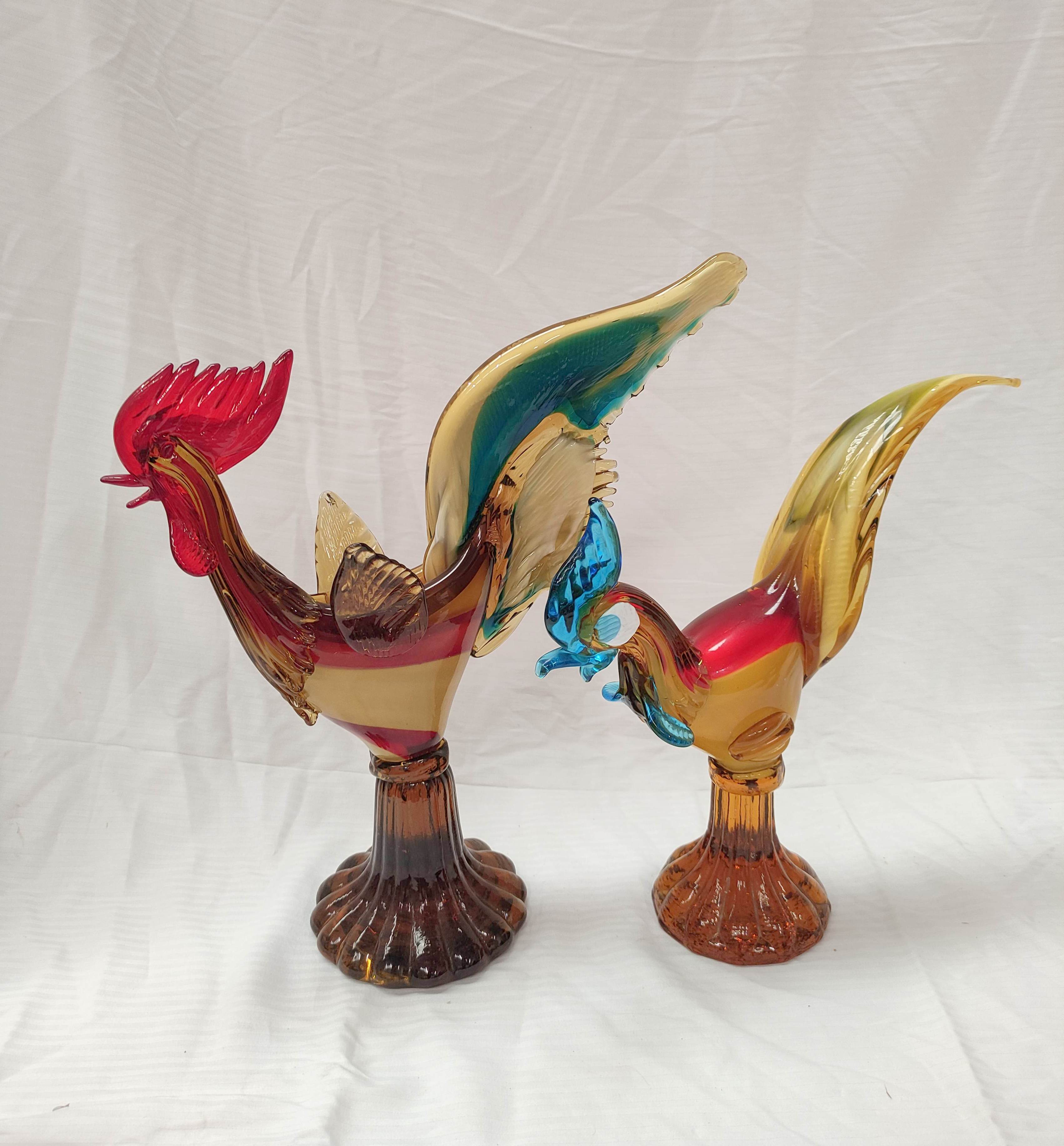 Mid 20th century Continental art glass figure of a cockerel with dished body, 40cm high and another,